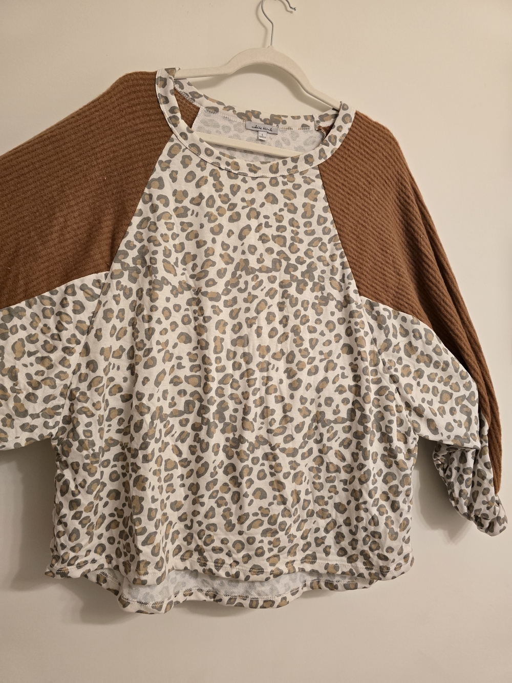 White Birch Leopard Print Raglan Pullover with Brown Sleeves